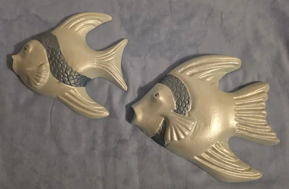 Vtg. MCM Ceramic Mint Blue Pearl Angelfish Chalkware Set of 2